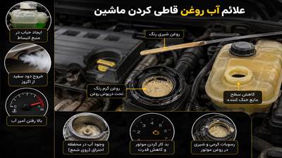 از کجا بفهمیم ماشین آب روغن قاطی کرده؟ با مهم‌ترین علائم مانند شیری شدن روغن، کم شدن آب، داغ کردن موتور و دود سفید آشنا شوید.
